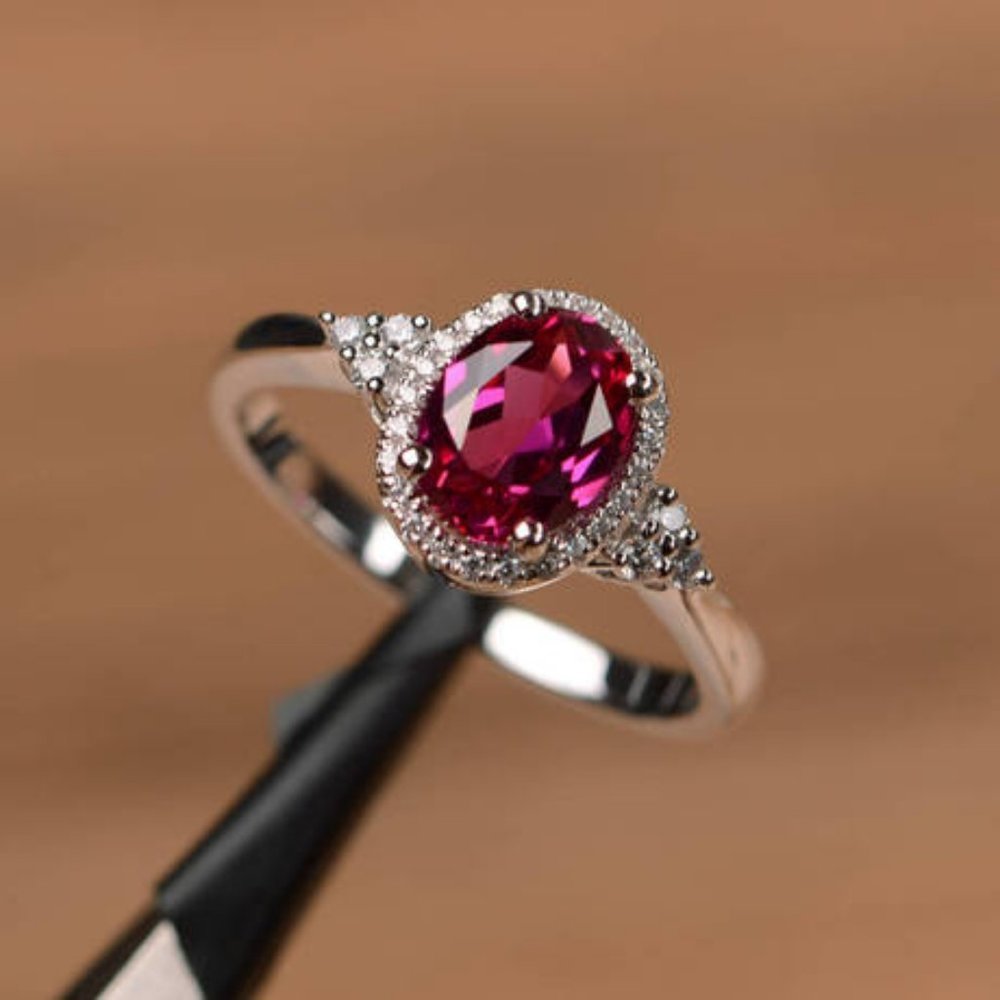 NEW Silver Ruby Diamond Halo Oval Cut Ring - Picture 1 of 4